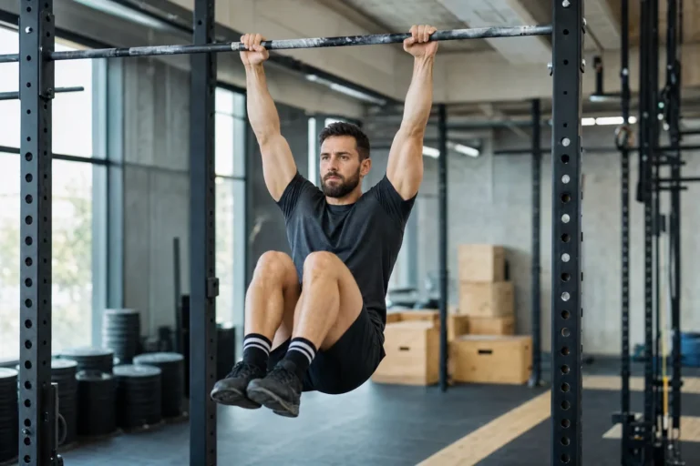 CrossFit athlete performing a controlled hanging knee raise on a pull-up bar