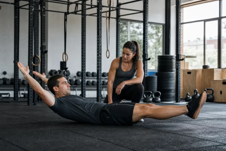 CrossFit athlete holding a hollow rock position on a gym floor