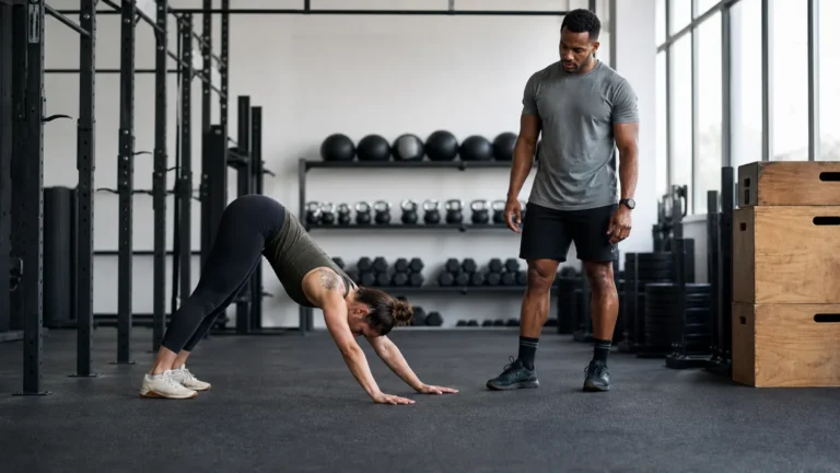 CrossFit athlete performing an inchworm warm-up in a gym