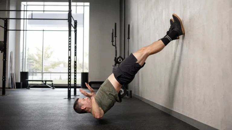 Athlete practicing an inverted burpee kick-up in a CrossFit gym