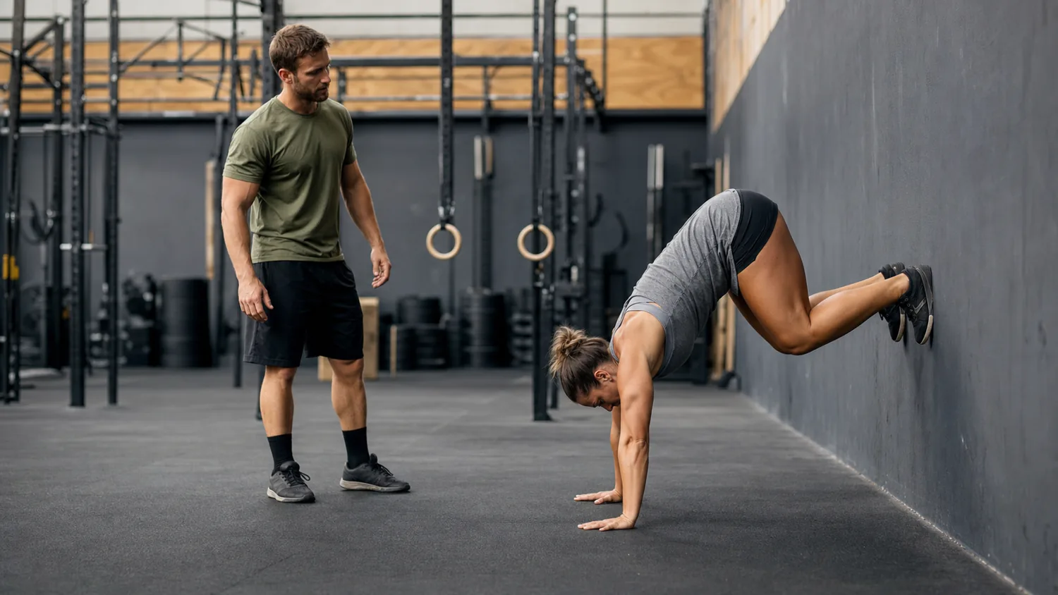 Athlete practicing an inverted burpee roll and kick-up progression in a CrossFit gym