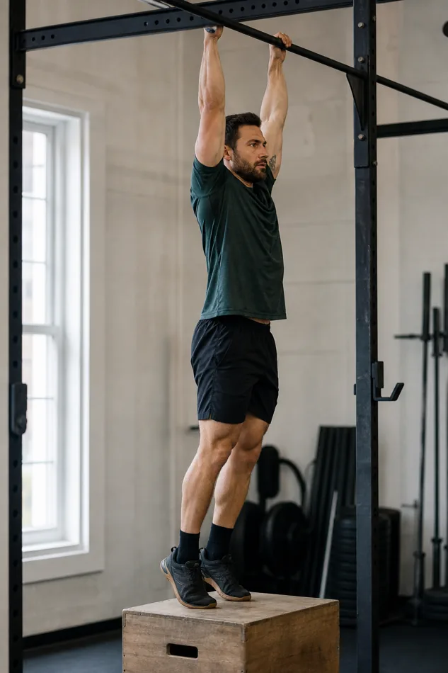 CrossFit athlete using a plyo box to practice a controlled jumping pull-up