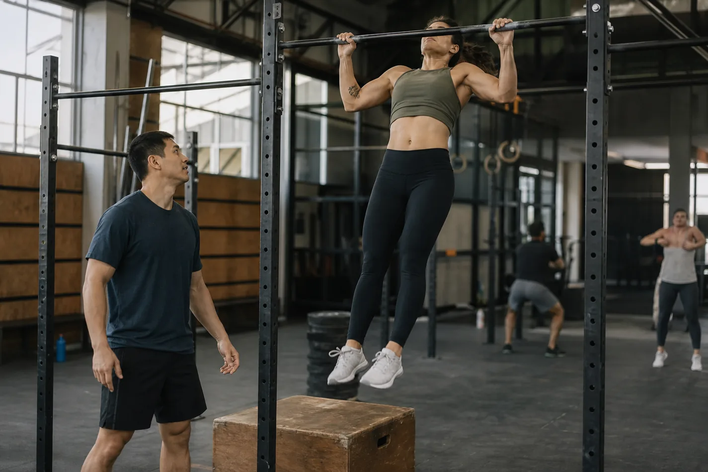 CrossFit athlete practicing jumping pull-ups from a plyo box