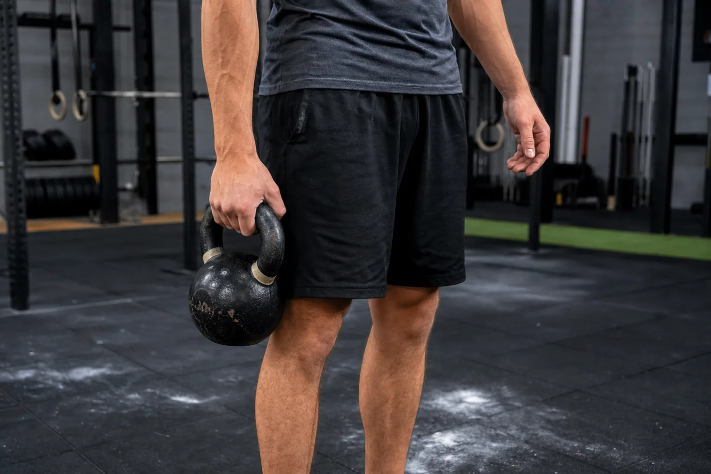 Kettlebell suitcase carry setup beside an athlete's leg on gym flooring