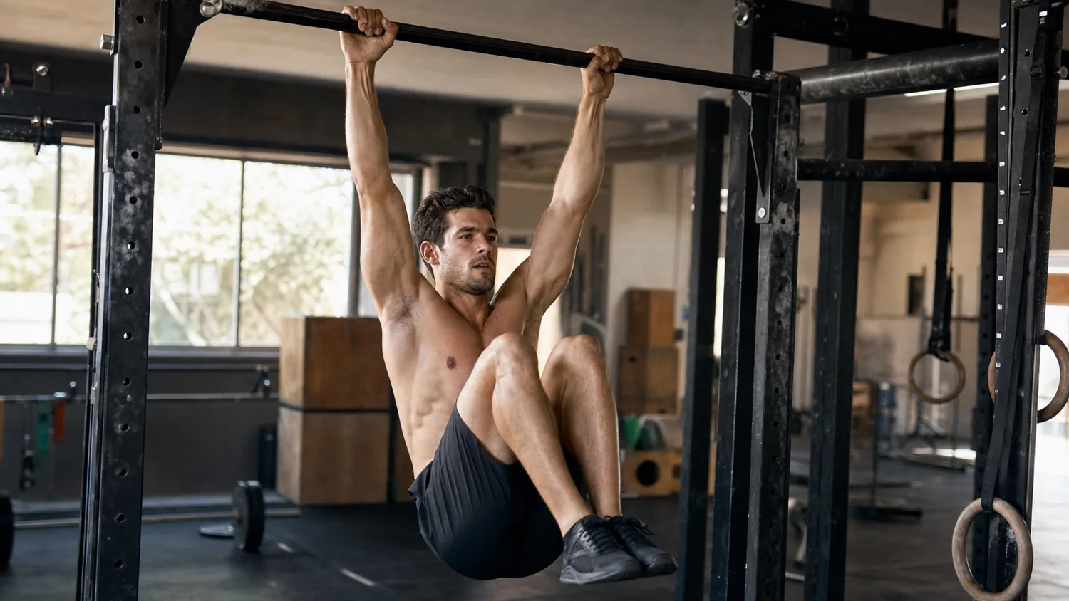 CrossFit athlete performing knees-to-elbows on a pull-up rig