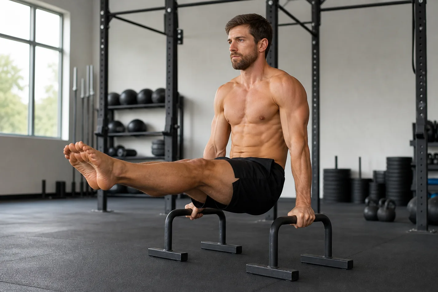 CrossFit athlete holding an L-sit on parallettes in a gym