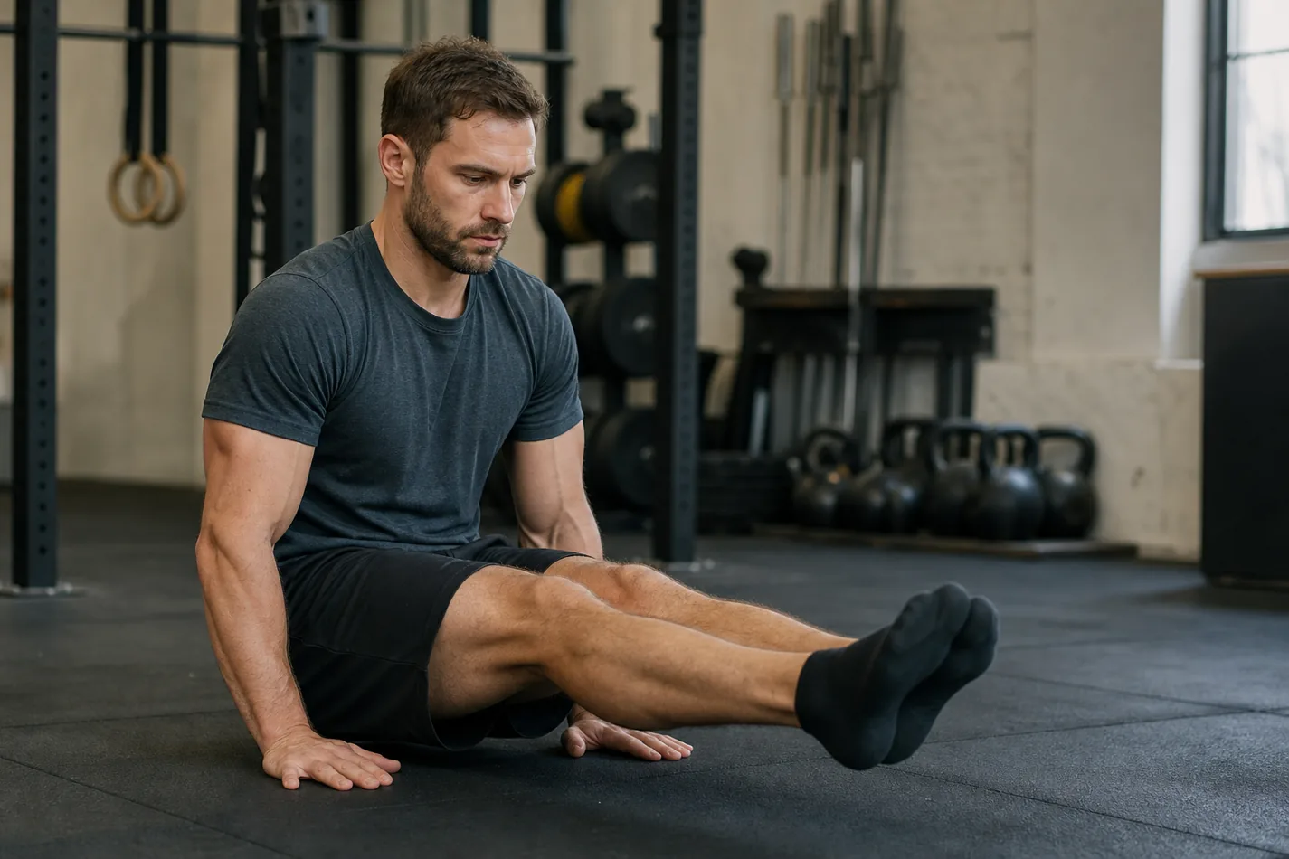 Athlete practicing hollow body compression drills for an L-sit