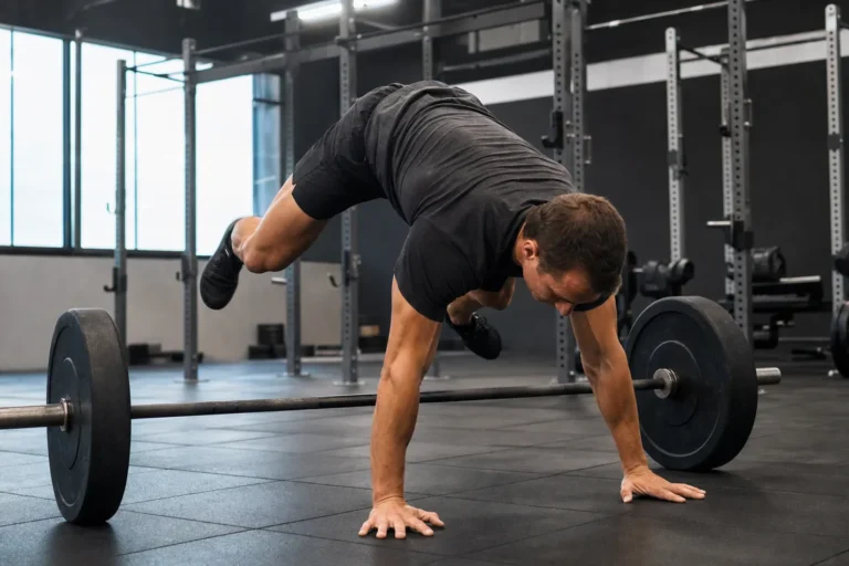 CrossFit athlete performing a lateral burpee over a barbell in a gym