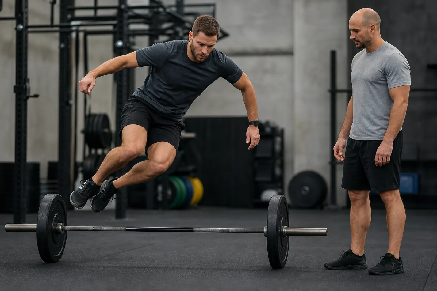 CrossFit athlete practicing a lateral burpee over bar with a coach checking foot placement