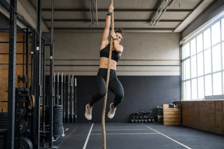CrossFit athlete doing a legless rope climb with feet off the rope