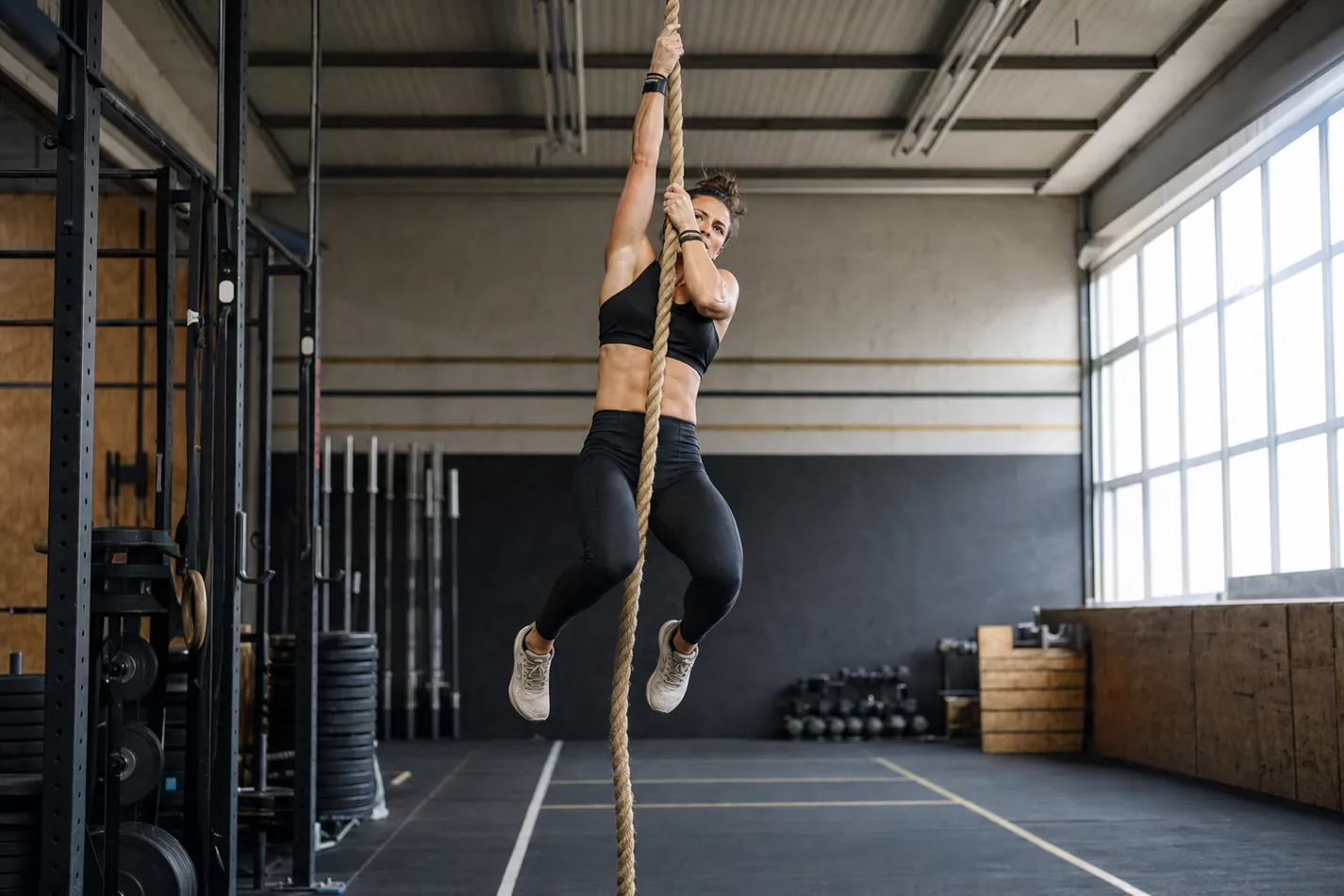 CrossFit athlete doing a legless rope climb with feet off the rope