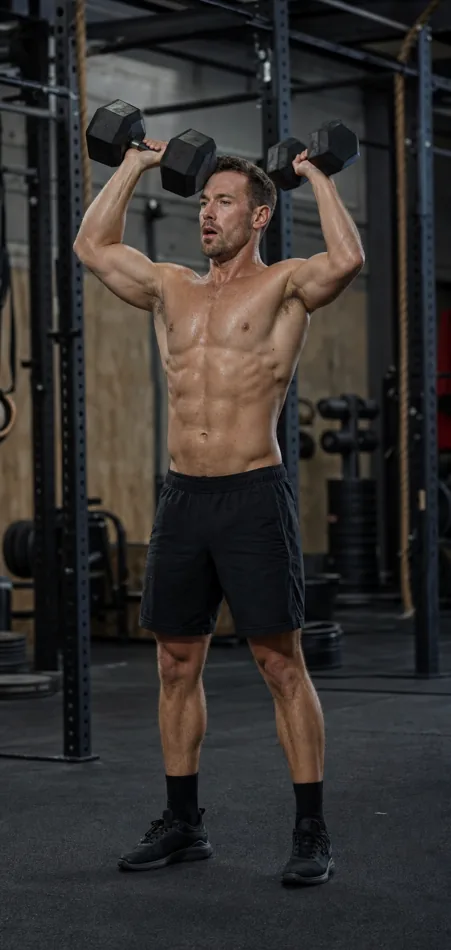 CrossFit athlete standing tall with dumbbells during the final press of a man maker