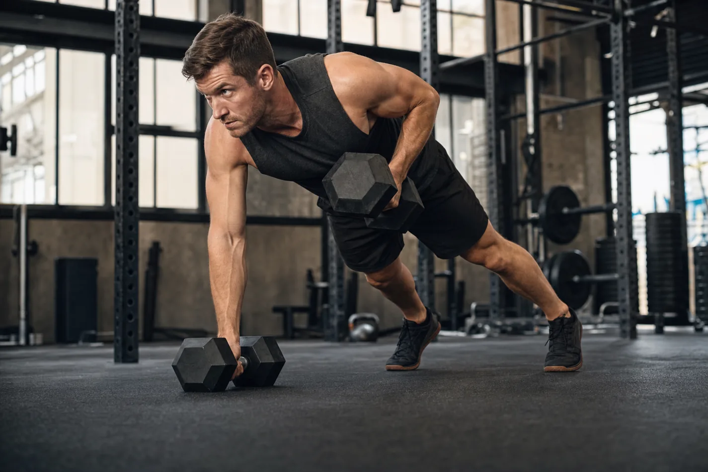 CrossFit athlete performing the row portion of a dumbbell man maker with hips square