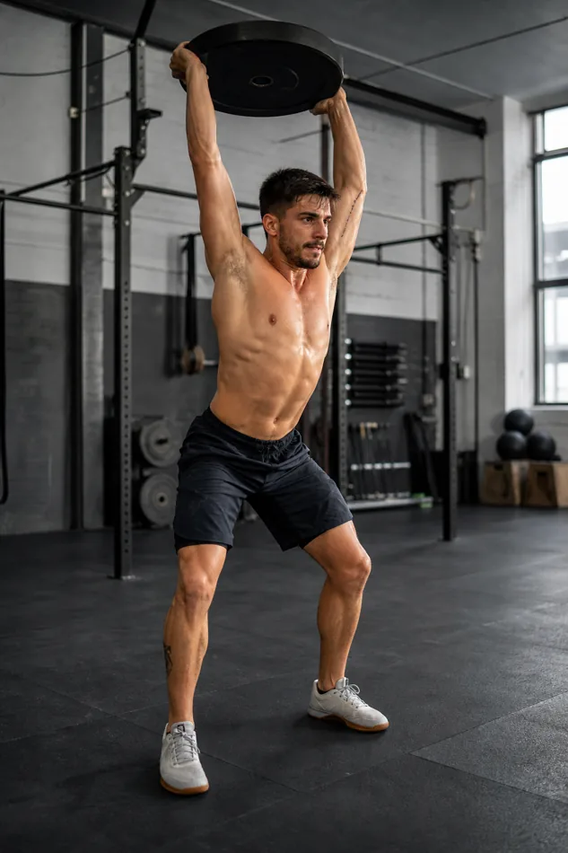CrossFit athlete lifting a bumper plate from the floor toward overhead in a gym