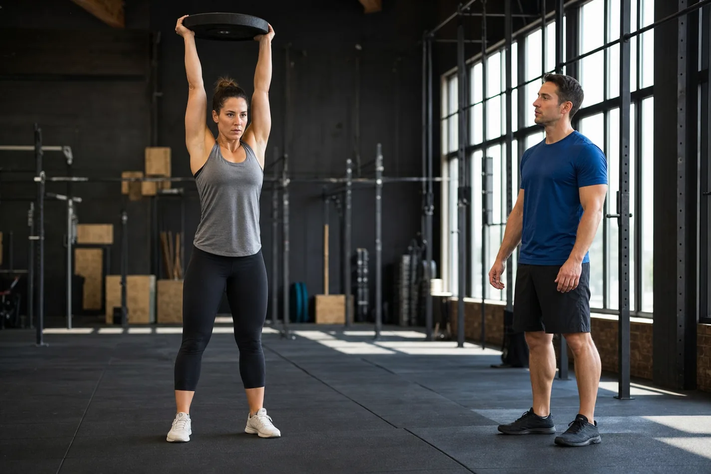 CrossFit athlete locking out a bumper plate overhead with a stable torso