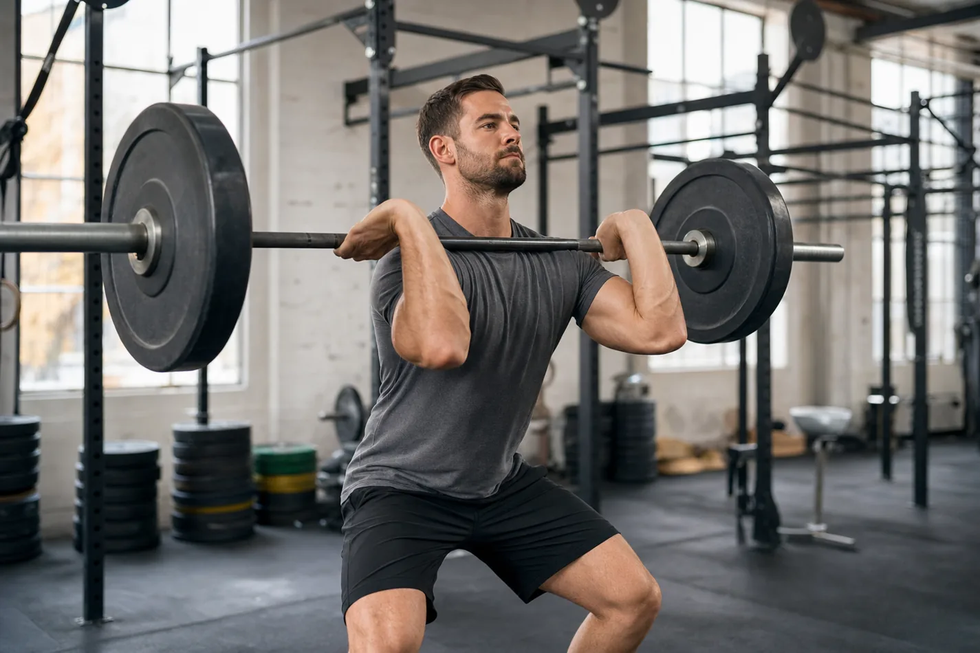CrossFit athlete practicing the dip and drive of a barbell power jerk