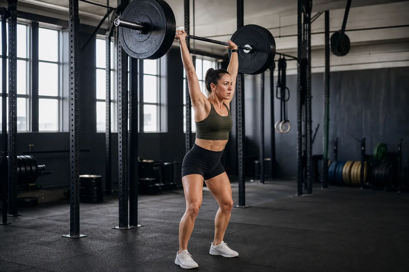 CrossFit athlete receiving a barbell power jerk overhead with a stable midline