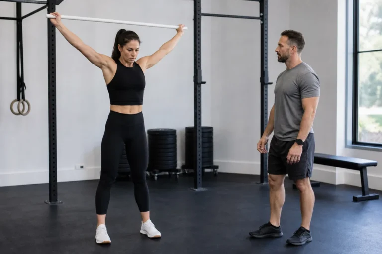 CrossFit athlete warming up shoulders with a PVC pass-through in a gym