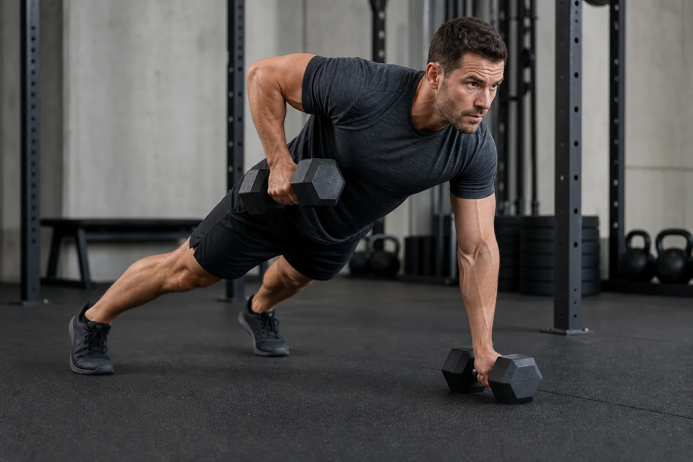 CrossFit athlete holding a stable plank on dumbbells before a renegade row