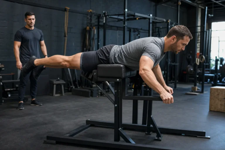 Athlete performing a controlled reverse hyperextension in a CrossFit gym