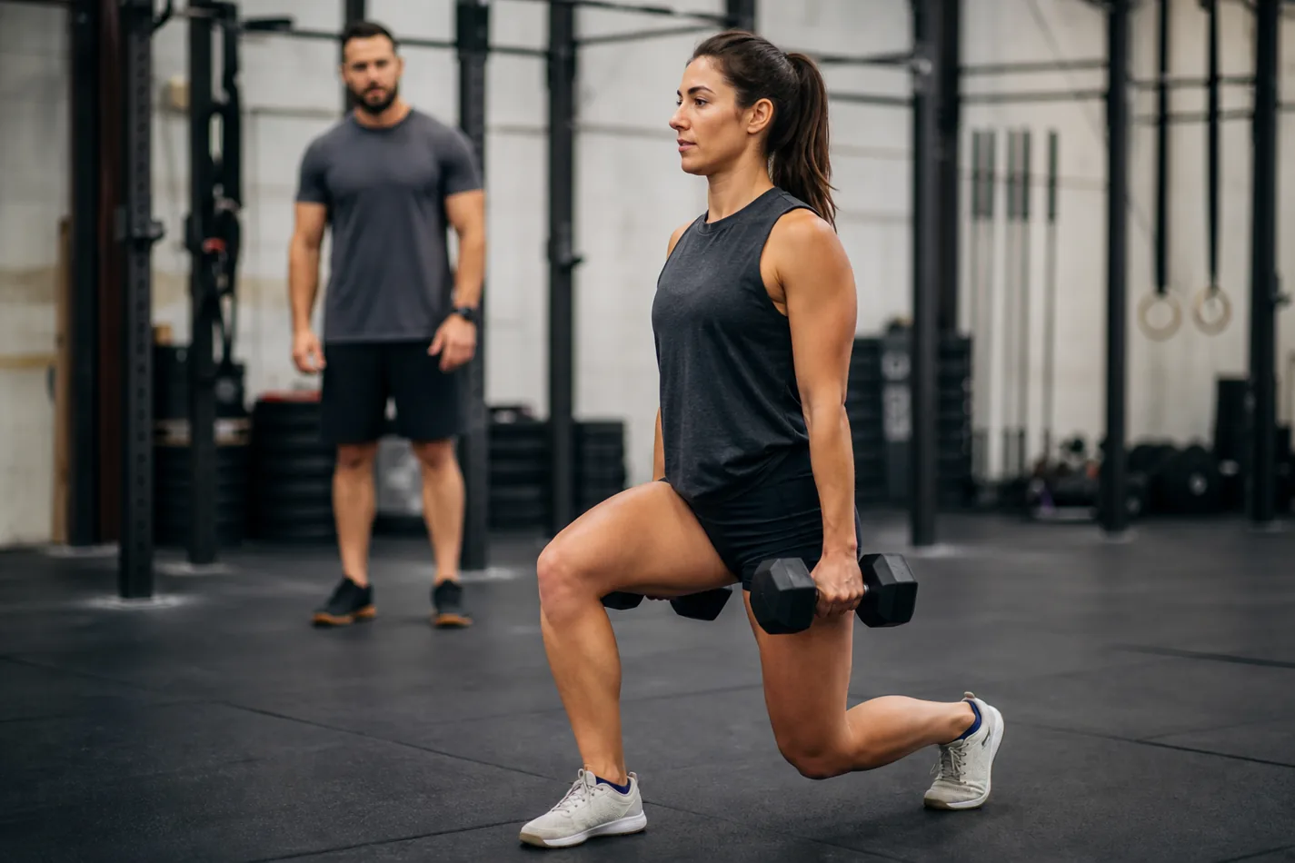 CrossFit athlete performing controlled dumbbell reverse lunges in a gym