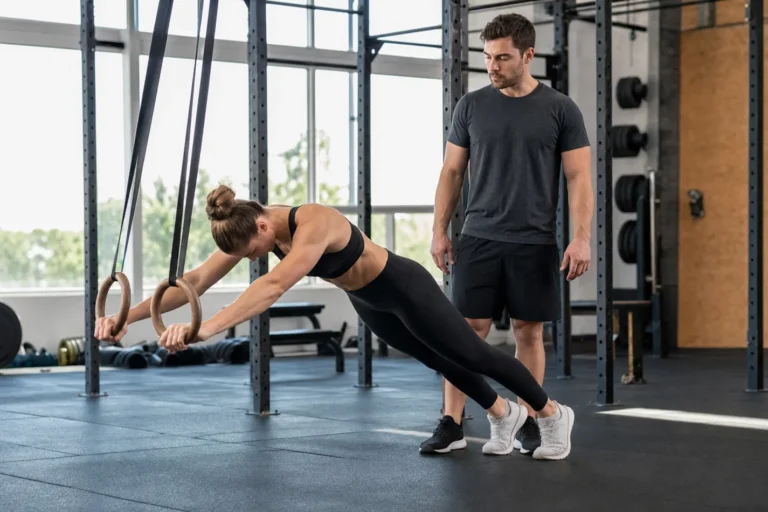 CrossFit athlete performing ring fallouts with a straight body line