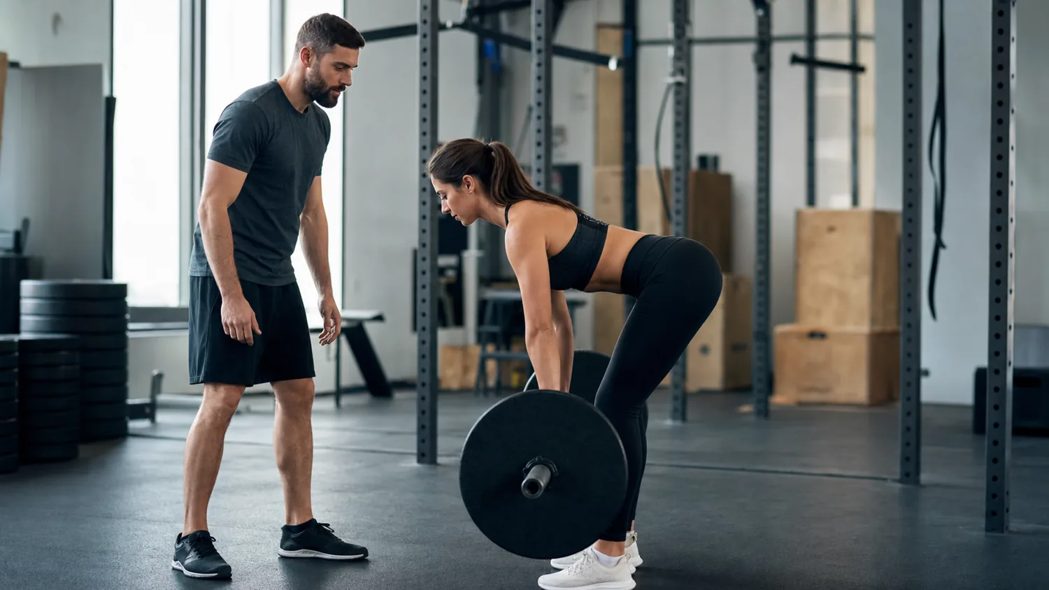 CrossFit coach watching an athlete practice a barbell Romanian deadlift from the side