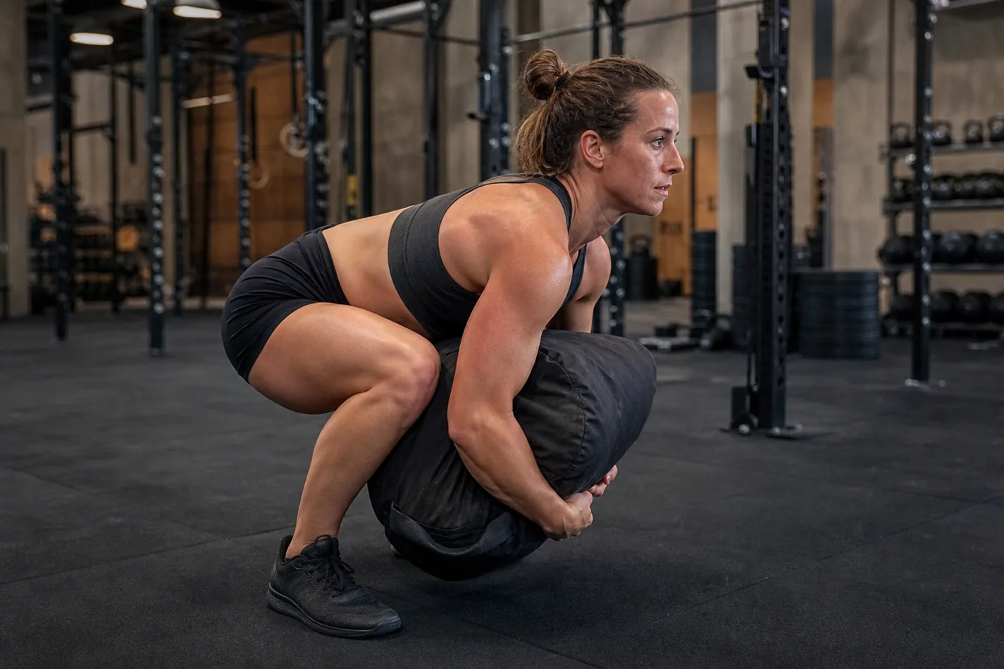 CrossFit athlete setting up a bear hug sandbag carry from the floor
