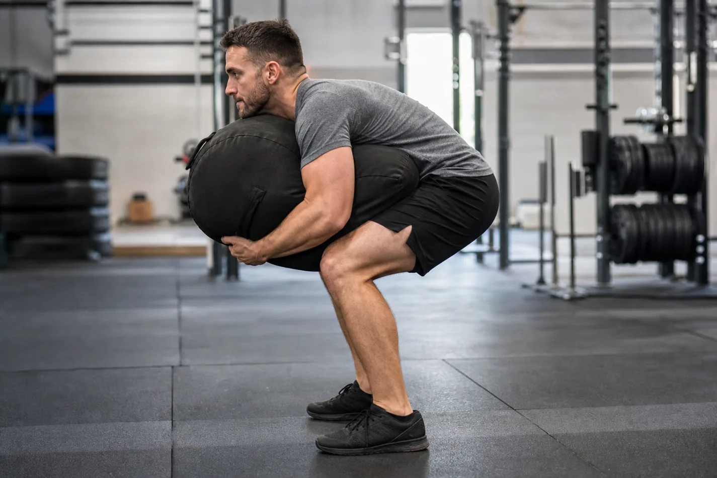 Athlete lapping a heavy sandbag before driving it over the shoulder in a CrossFit gym