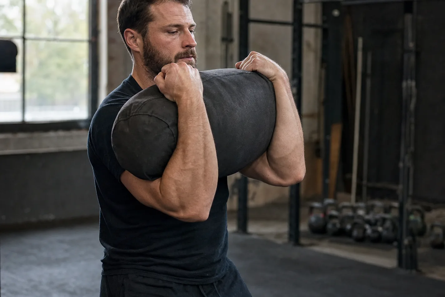 CrossFit athlete setting a sandbag into a Zercher carry position with elbows tight