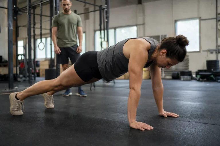 CrossFit athlete in a high plank practicing scap push-ups for shoulder blade control