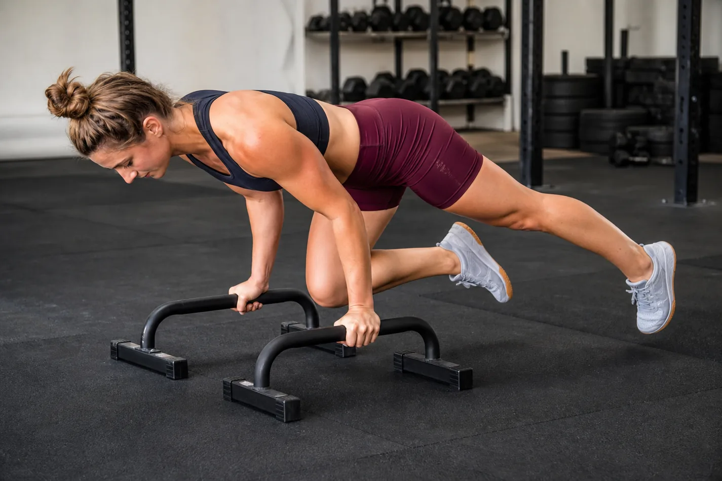 CrossFit athlete using parallettes for a controlled shoot-through drill