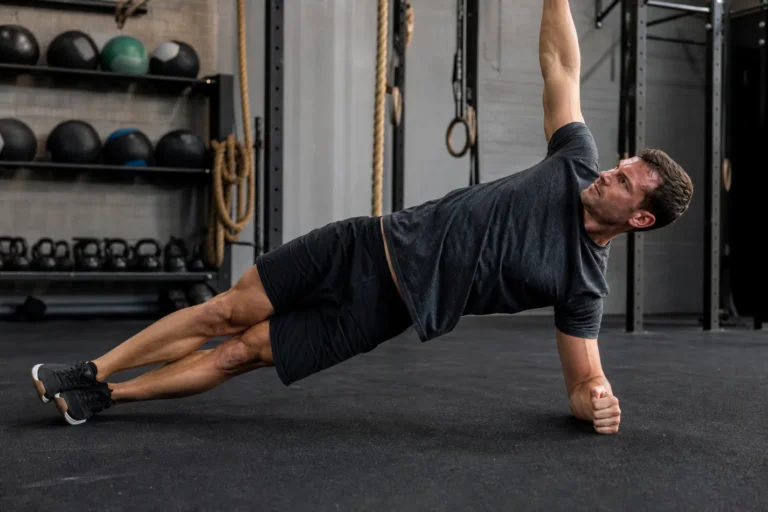 CrossFit athlete holding a strict side plank with a straight body line