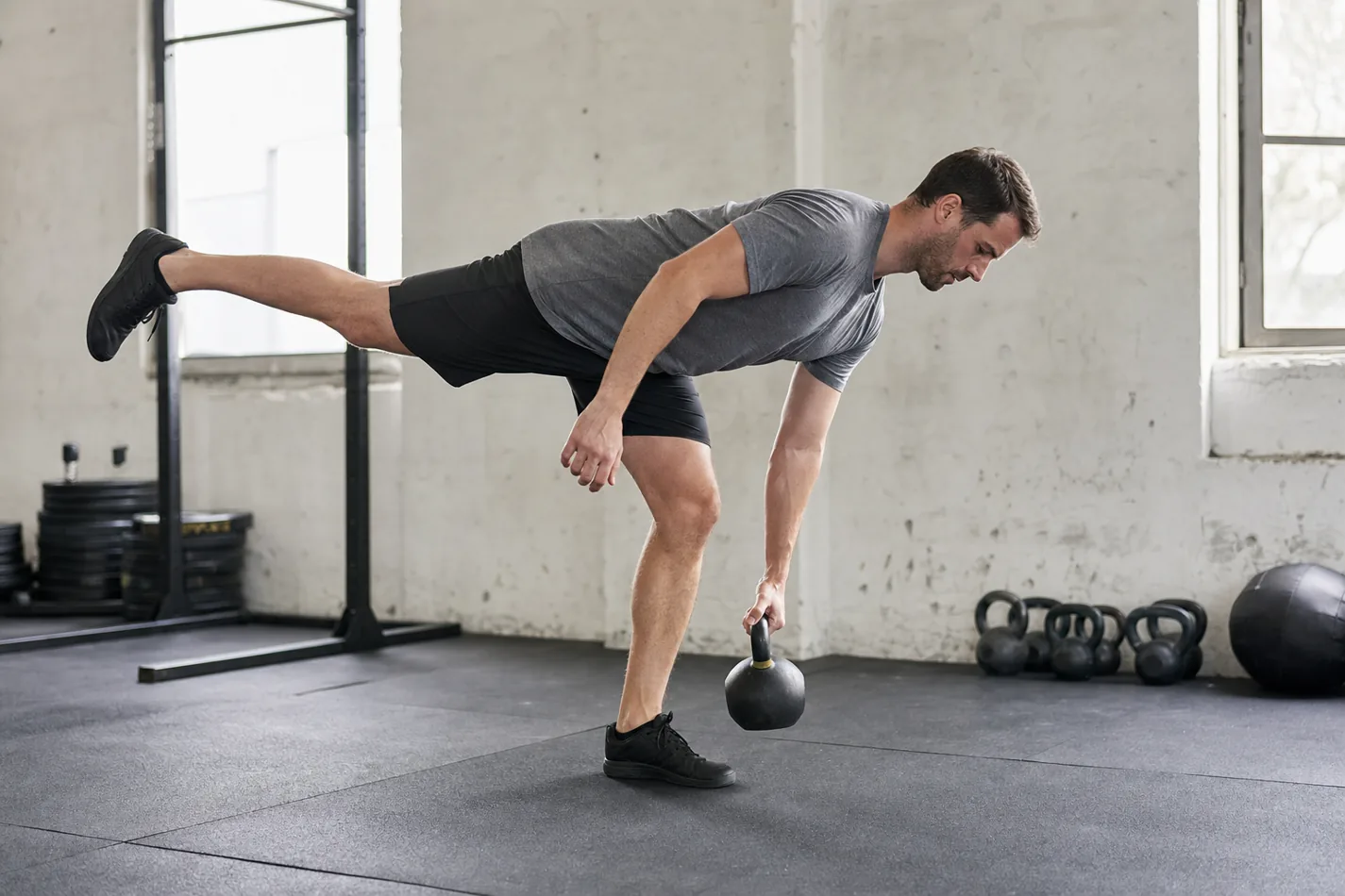 CrossFit athlete setting up a single-leg deadlift with a kettlebell and hips square