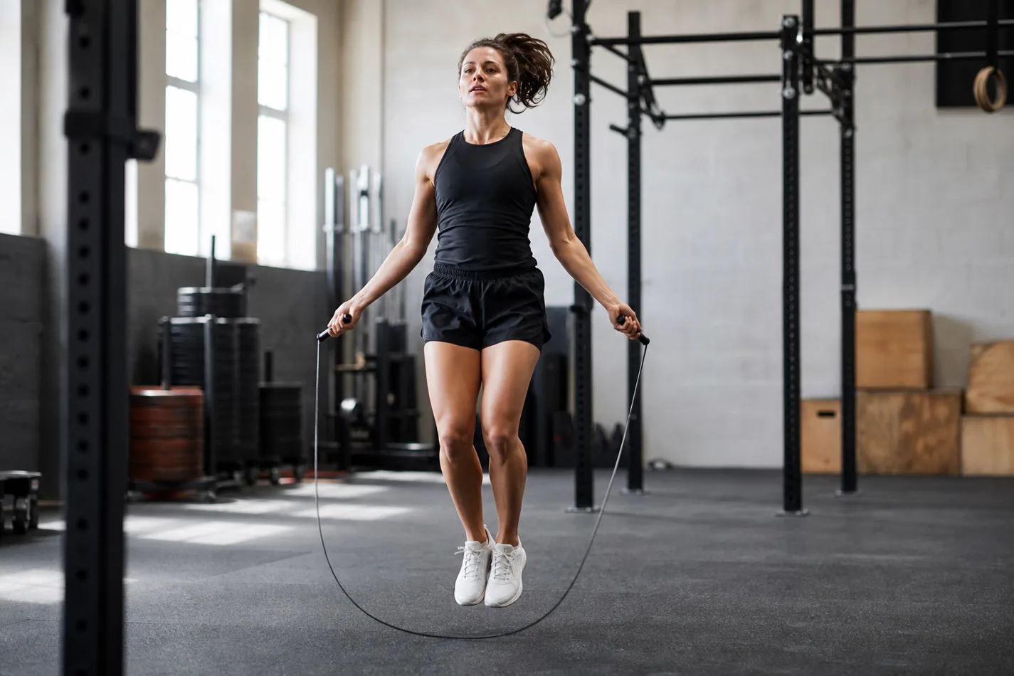 CrossFit athlete practicing single unders with a relaxed jump rope rhythm