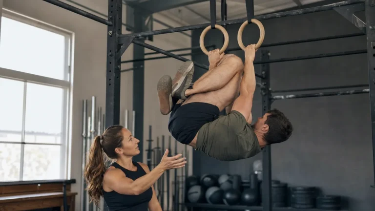Athlete practicing a controlled skin the cat drill on rings in a CrossFit gym