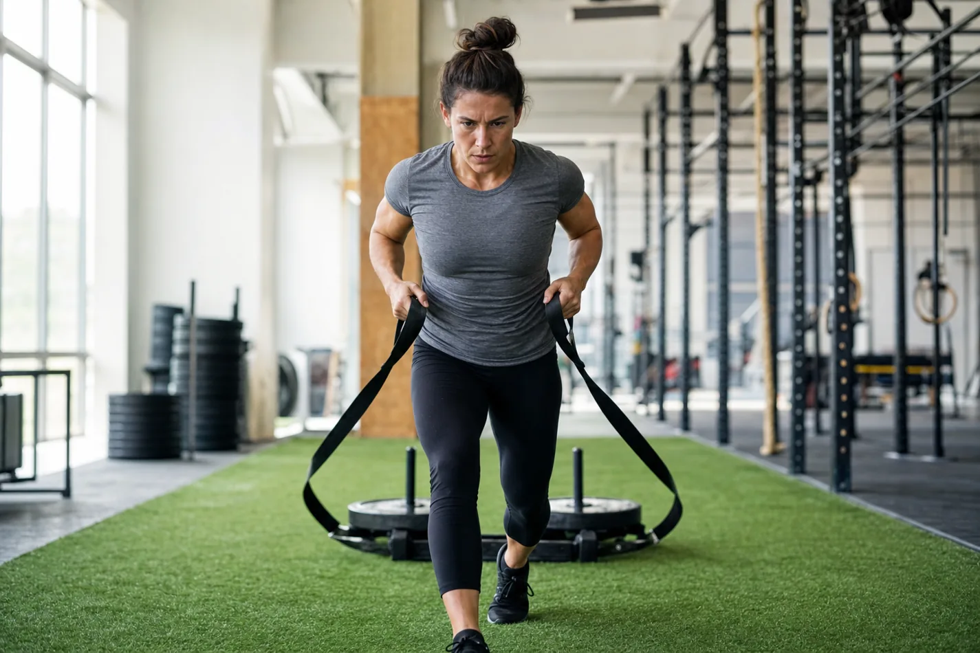 CrossFit athlete performing a backward sled drag with controlled posture