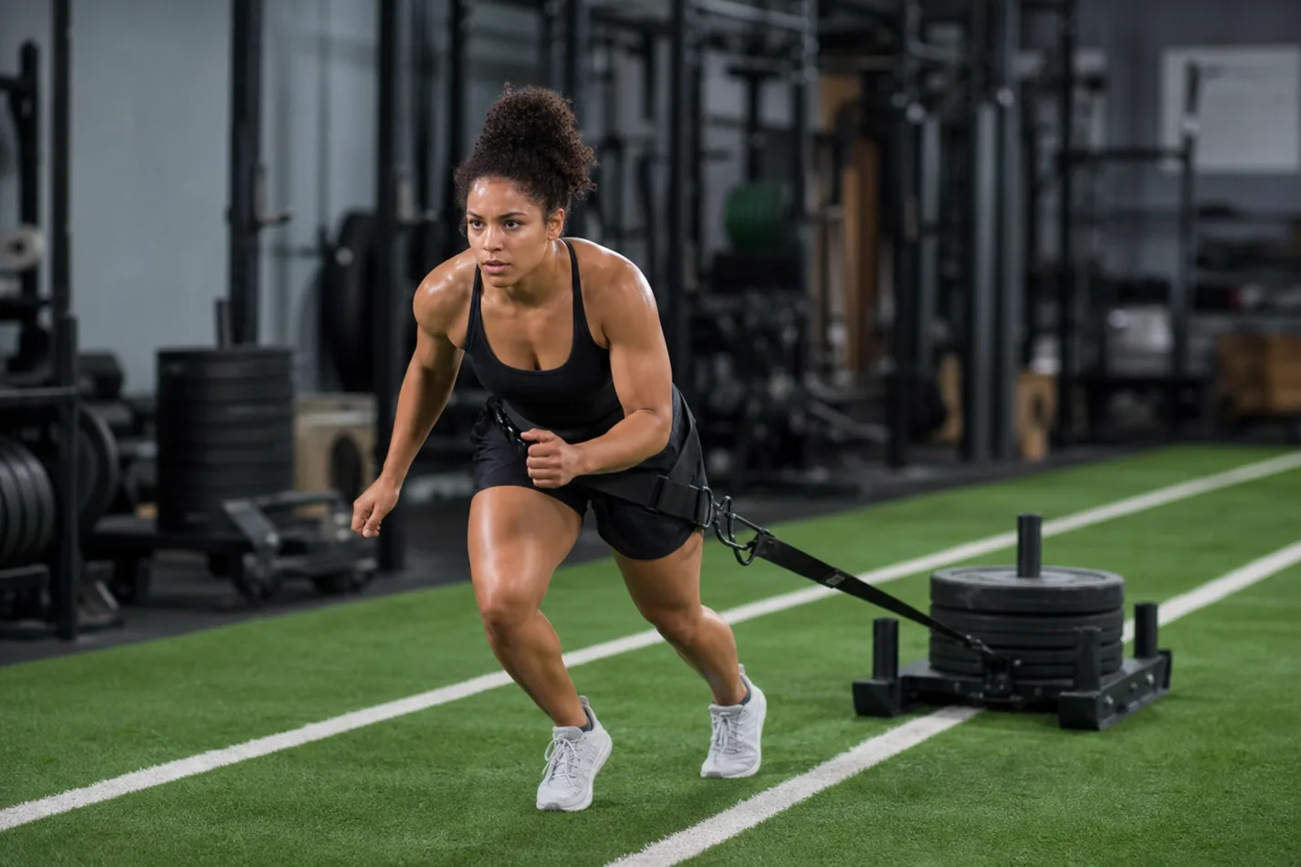 CrossFit athlete performing a forward sled drag with controlled steps on turf