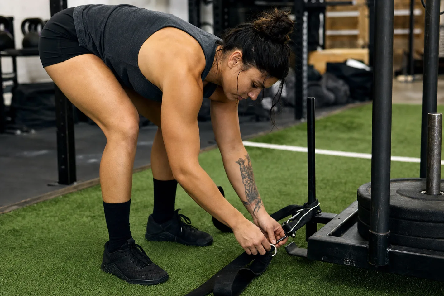 CrossFit athlete setting sled drag straps with a braced torso on indoor turf