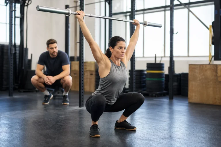 Athlete pressing from the bottom of a Sots press in a CrossFit gym