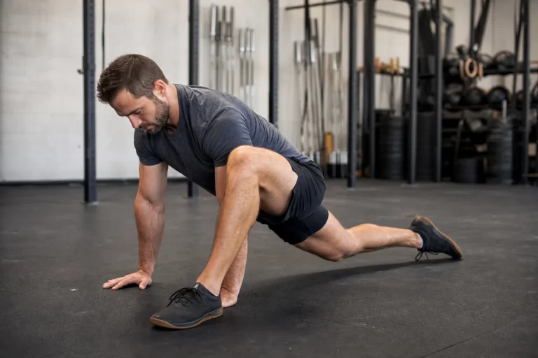 CrossFit athlete demonstrating a controlled Spiderman stretch during warm-up