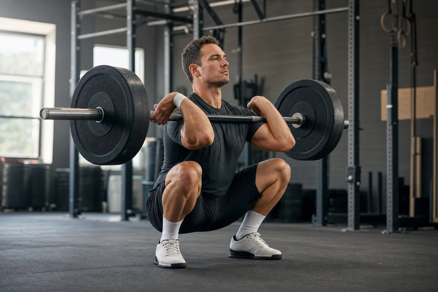 CrossFit athlete catching a barbell in a squat clean