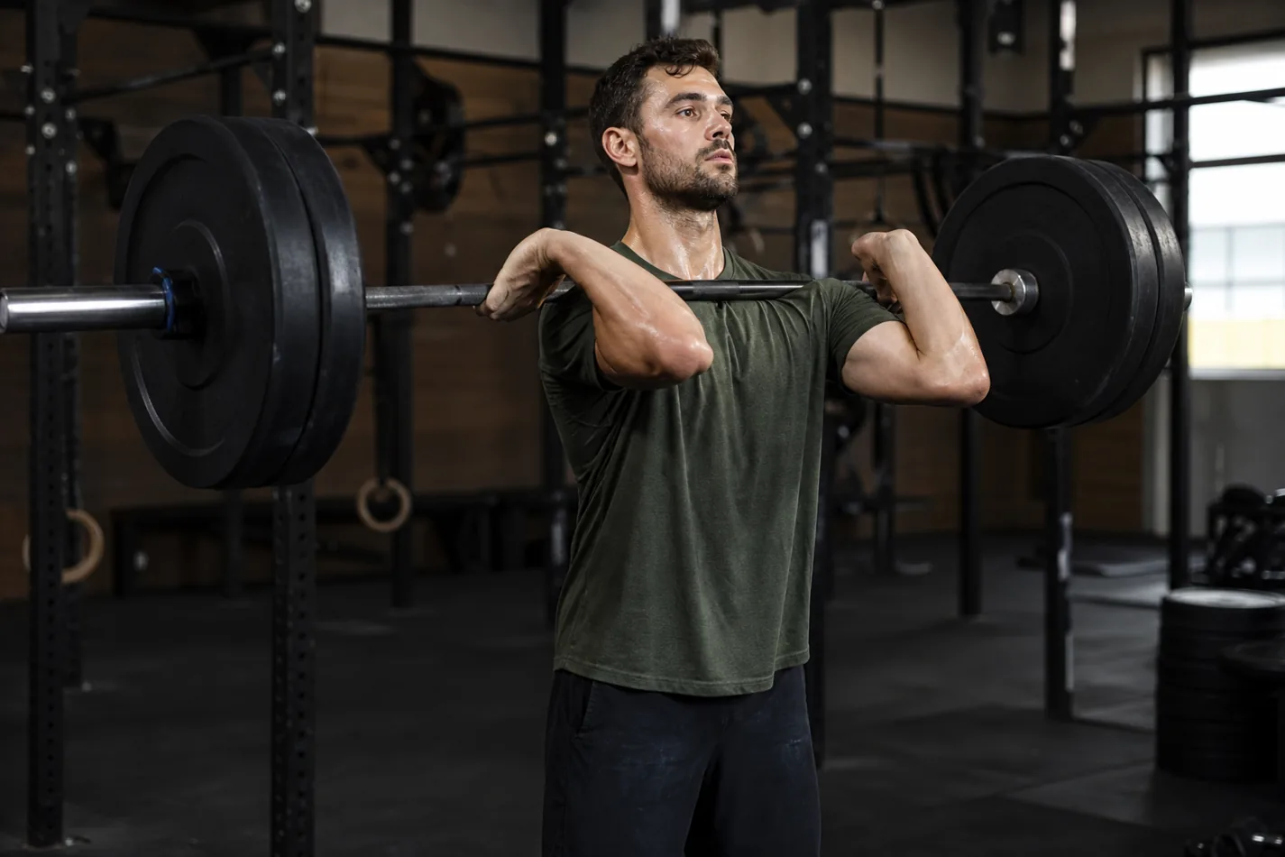 CrossFit athlete standing from the front rack after a squat clean
