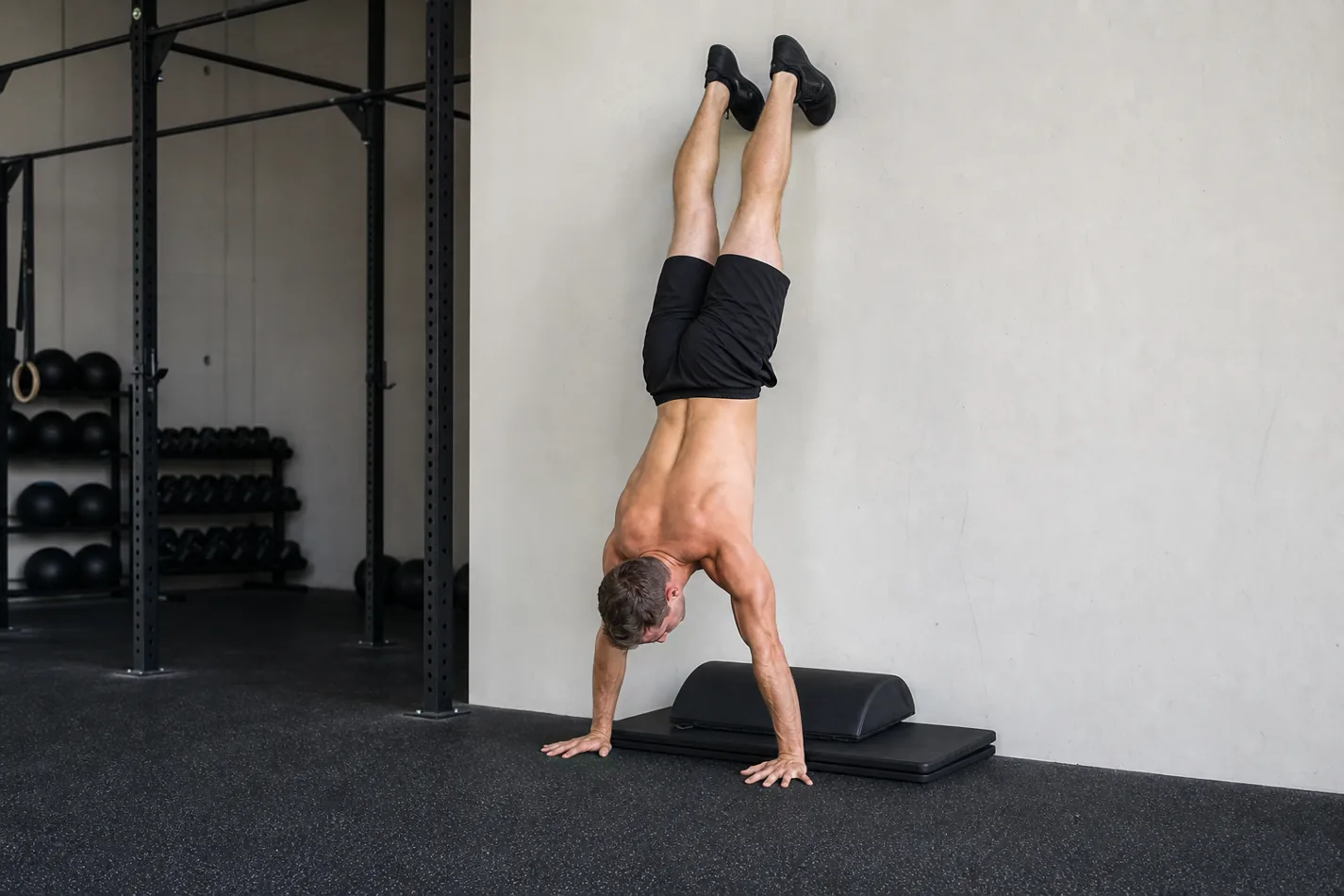 CrossFit athlete setting up a strict handstand push-up scale against a wall