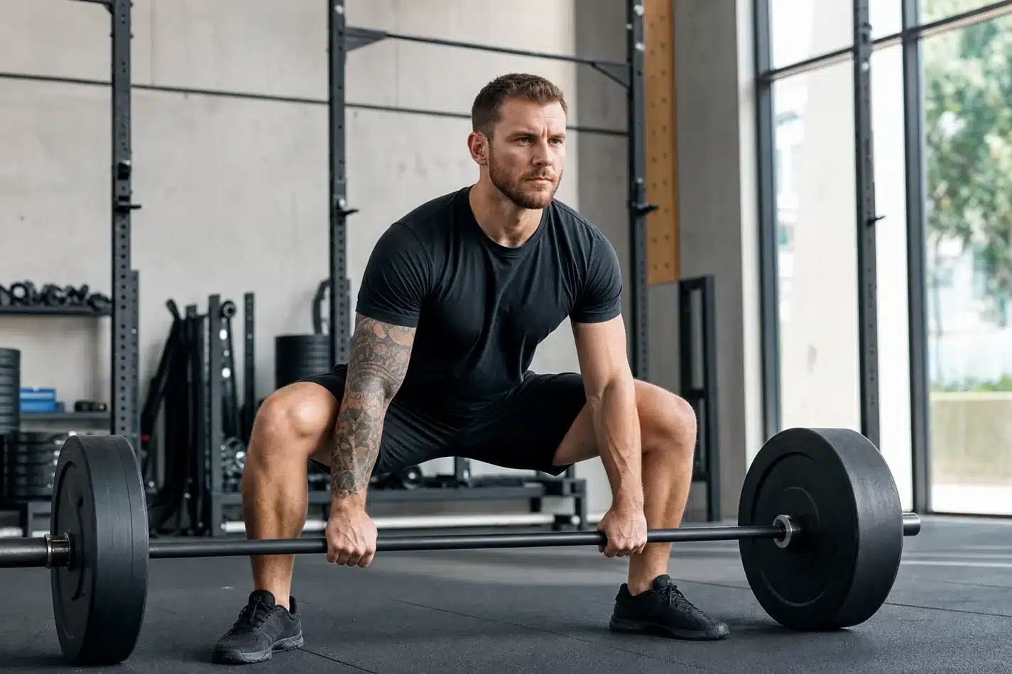 CrossFit athlete setting up a sumo deadlift with a wide stance and neutral spine