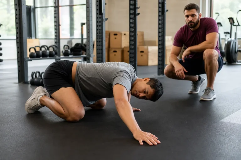 CrossFit athlete doing thread the needle thoracic rotation on a gym mat
