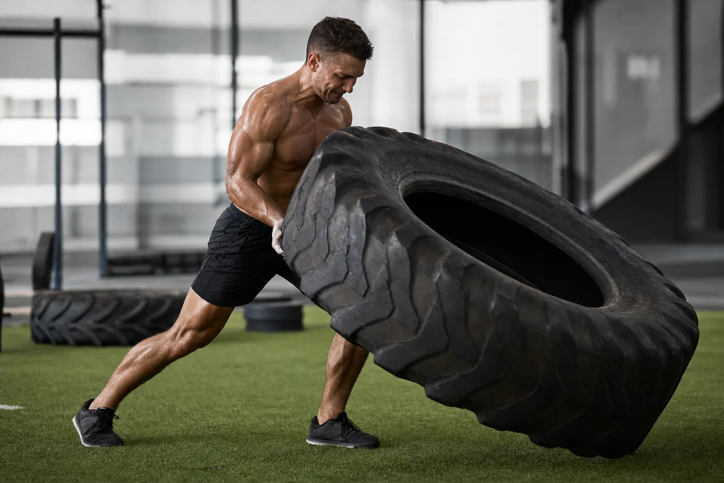 CrossFit athlete driving a tire past knee height during a controlled flip