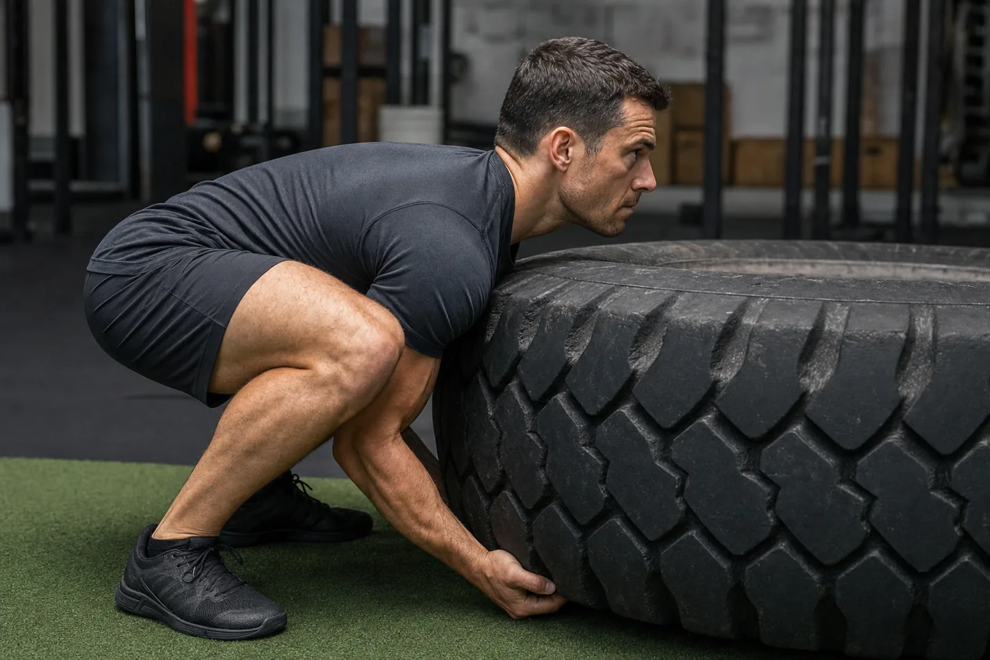 CrossFit athlete setting up close to a training tire before a flip