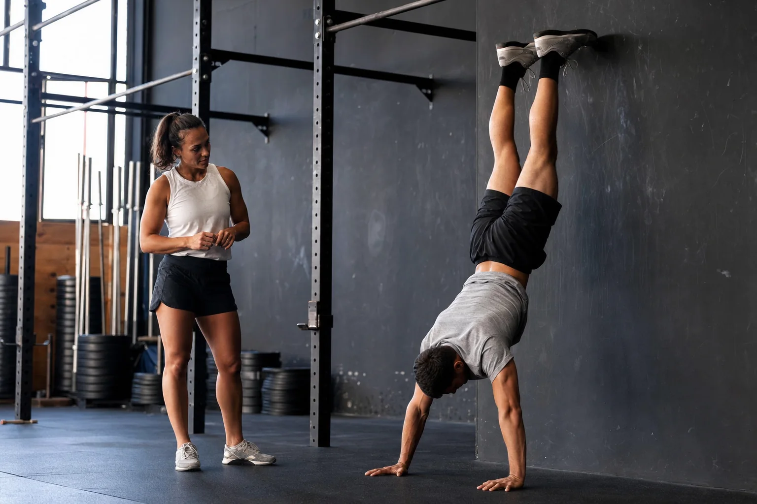 Athlete practicing a wall walk toward a handstand hold