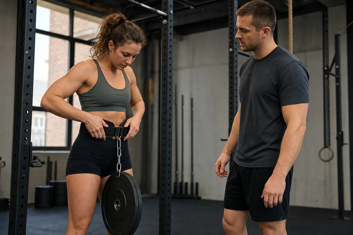 CrossFit athlete setting a weight belt before strict weighted pull-ups